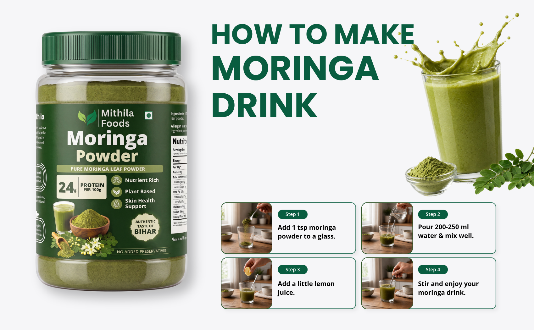 MITHILA FOODS Moringa Powder 500g | Munga Greens, 100% Pure Moringa Leaf Powder | Nutrient-Dense Antioxidants, Vitamins & Minerals | Energy, Immunity & Daily Wellness | Authentic Taste of Jharkhand