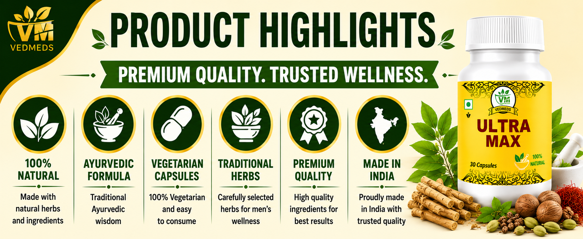 Ultra Max Ayurvedic Men's Wellness Capsules | Herbal Energy & Vitality Support | Traditional Ayurvedic Formula for Men | 10 Capsules