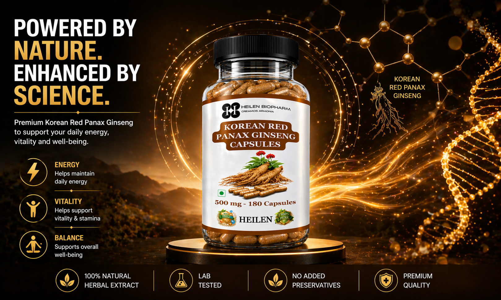 Heilen Biopharm Premium Korean Red Panax Ginseng Root Extract Capsules – 500 mg × 180 Veg Caps (Pack of 2) | Natural Energy & Immunity Booster