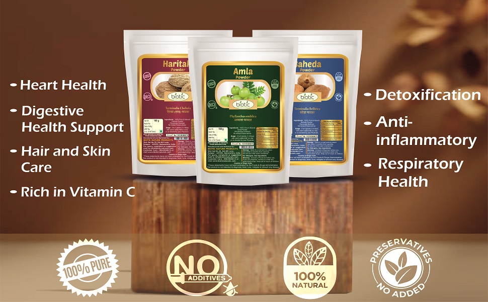 Biotic Amla, Harad and Baheda Powder - Triphala Powder - Trifala Powder - Organic Triphla Churna - Thiripala - 150gm (50gm each)