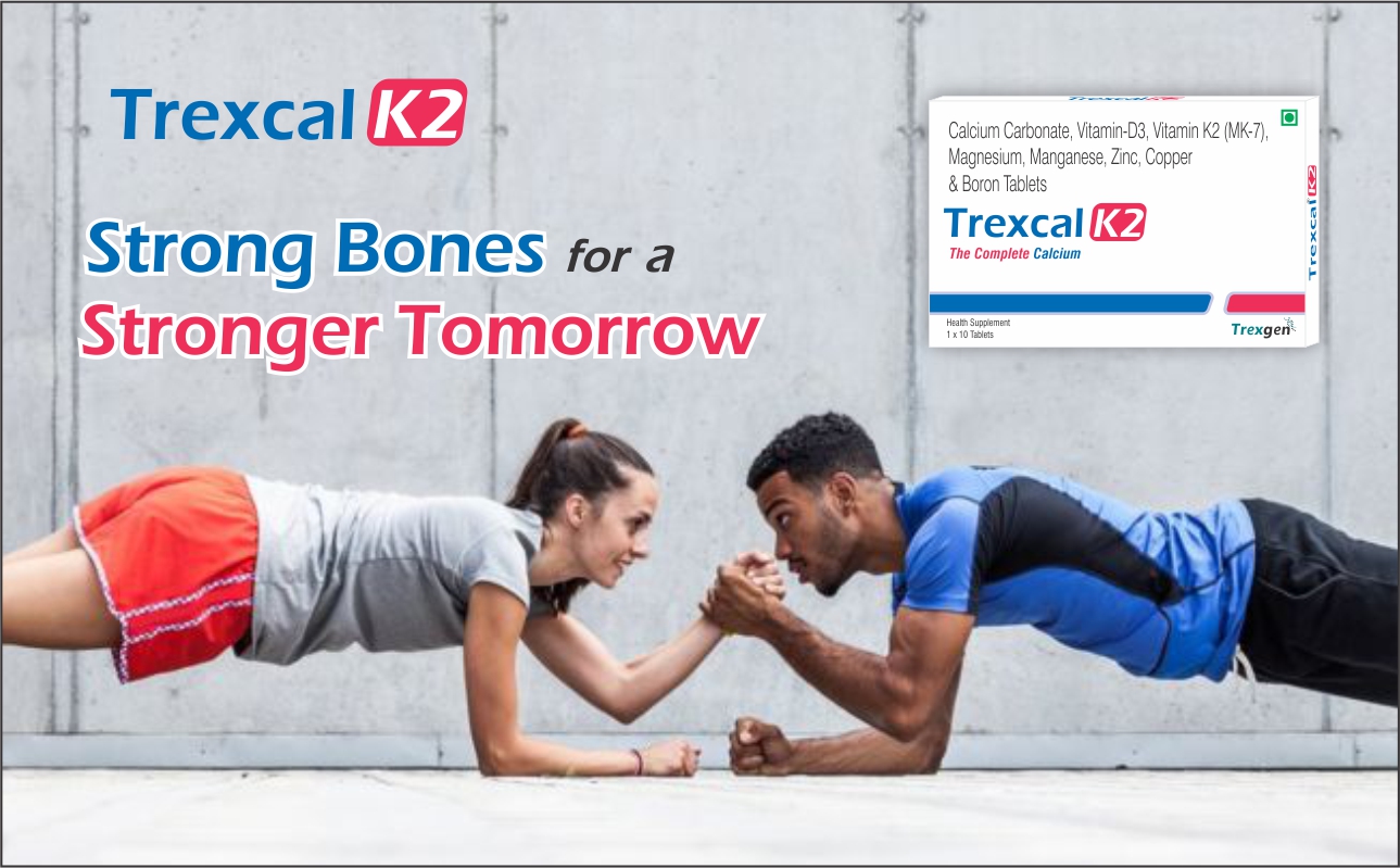 Trexgen TREXCAL-K2 The COMPLETE CALCIUM with Elemental Calcium 500 mg; Vitamin D3(Stabilized)400 IU; Vit. K2-7 55 mcg & BONE MATRIX Minerals Magnesium; Boron; Zinc; Manganese & Copper(5x10=50 Tablets)