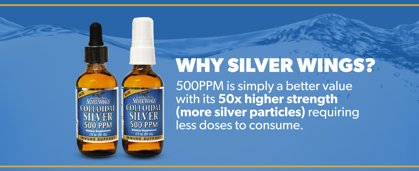 Natural Path Silver Wings Colloidal Silver 500ppm (2,500mcg) Immune Support Supplement 8 fl. oz.