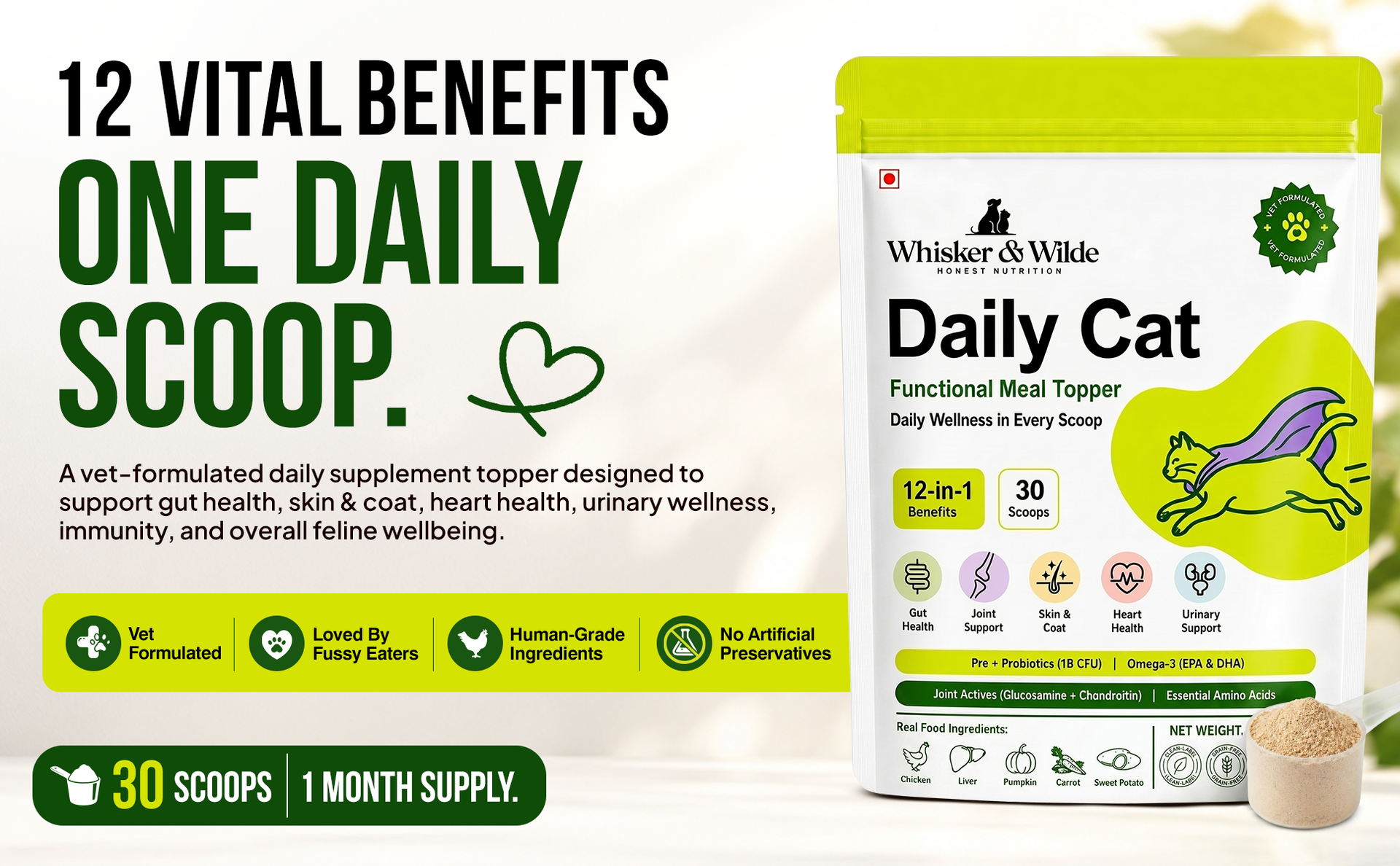 Daily Cat Supplement | Probiotics, Omega-3, Multivitamin, Taurine | Supports Gut, Urinary, Skin & Coat, Joint & Immunity Health, Human-Grade Chicken, All Life Stages, 300g