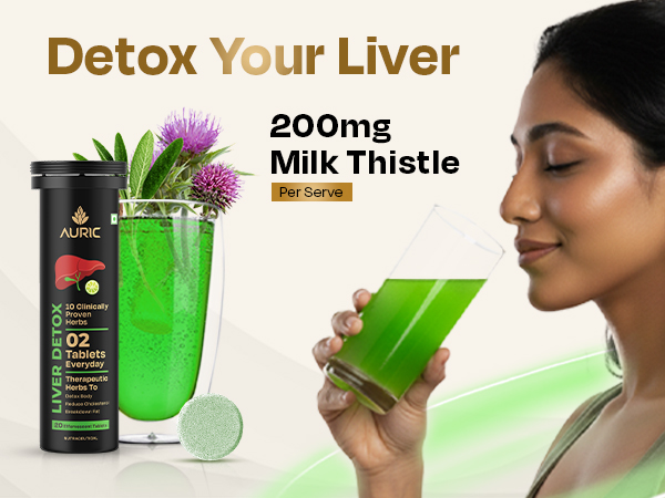 Auric Liver Detox Effervescent Tablets | Supports Fatty Liver Management & Liver Health | 9 botanical extract blend with Milk Thistle (Silymarin), Turmeric, Ginger & Licorice | Indian blackberry flavour | 100 Tablets