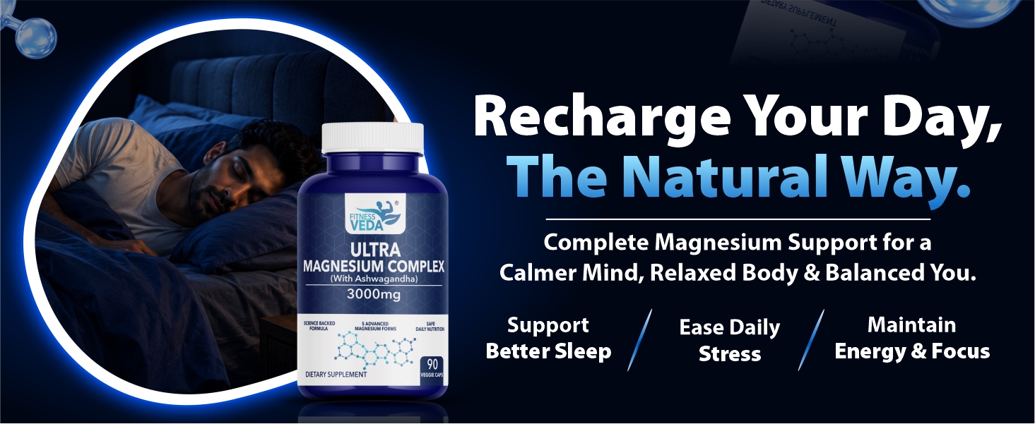 Fitness Veda Ultra Magnesium Complex with Ashwagandha, Vitamin B6 & 5 Magnesium Forms, 3000mg, 90 Veggie Capsules