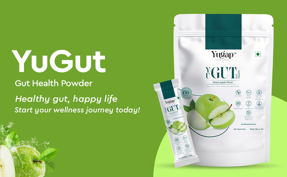 YuGut Prebiotic 4 in1 Fiber Supplement Powder For Gut Cleanse And Digestion Wellness | Powdered By FOSSENCE®, Bael, Inulin | Reduce, Bloating, Acidity & Constipation Reliefs | Plant Based, No Added Sugar (15 Servings) 150g