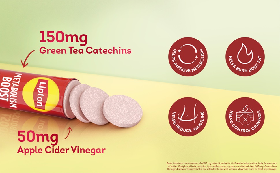 Lipton Metabolism Boost with 150mg Green Tea Catechins and 50mg ACV (Apple Cider Vinegar) | For Weight Loss & Fat Burn | Zero Calories | 16N Effervescent Tablets | Watermelon Flavour