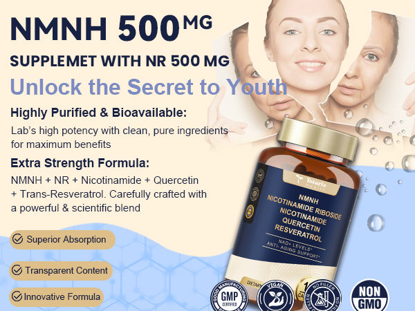 Totaria NMNH 500mg (Dihydronicotinamide Mononucleotide), Premium NMN Alternative Supplement w/Niacinamide (Vitamin B3), Quercetin, Trans-Resveratrol, for NAD+, Skin Cell, Anti-Aging & Energy, 120 Ct
