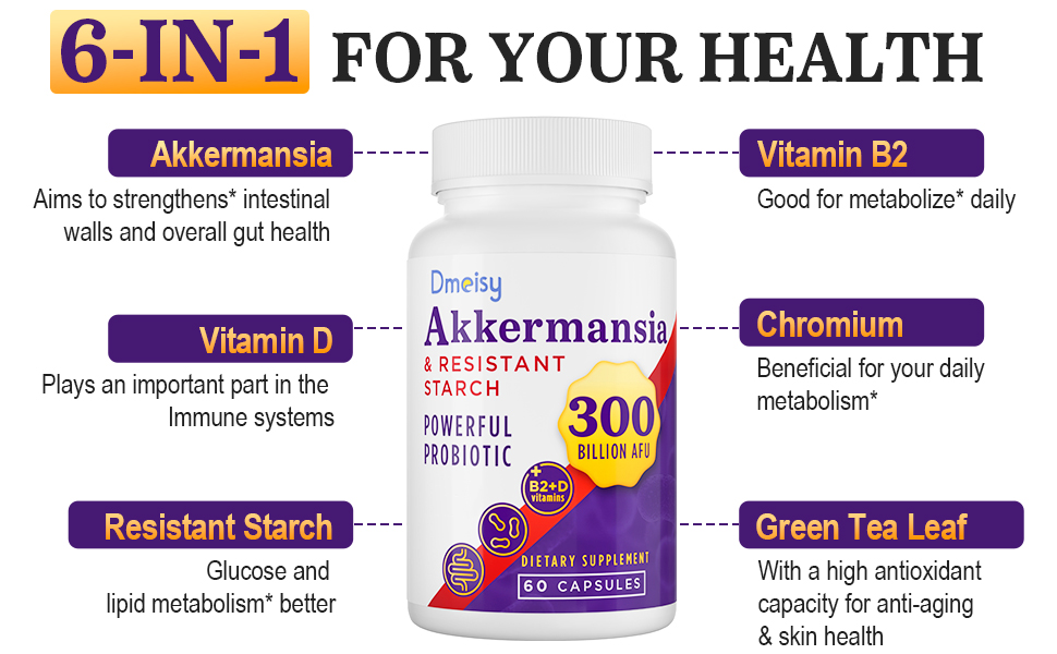 300 Billion AFU Akkermansia Muciniphila Probiotics for Women Men, 60 Count