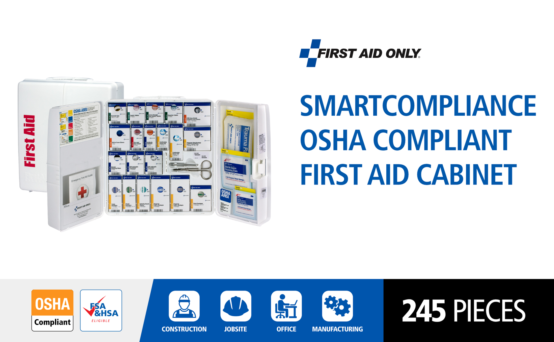 First Aid Only SmartCompliance 50-Person OSHA Compliant First Aid Kit for Business and Office Spaces - Large Plastic Cabinet - Emergency Supplies for Cuts, Bruises, and Scrapes - 245 Pieces