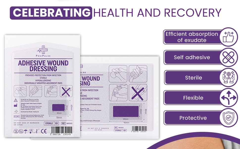 Posi Pulse Assorted Adhesive Wound Dressings - 32 Packs for Protection from Infection, Sterile Individually Wrapped, Hypoallergenic, Breathable, Absorbent for Cuts, Grazes, Ulcers, Sores