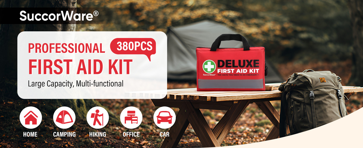 SuccorWare 380 Pieces Deluxe First Aid Kit Compact Trauma Medical Kits with Assorted Bandages, Instant Cold Pack, Emergency Blanket for Home, Travel, Office, Camping, Vehicle, Emergency Kits(Red)