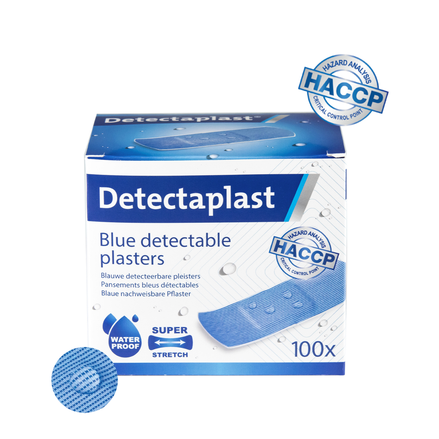 Detectaplast 50 x Blue Premium Water Sensitive Plasters for Food Handling, Detectable First Aid Plasters in Gastronomy 50 x 72 mm, 50 Pieces