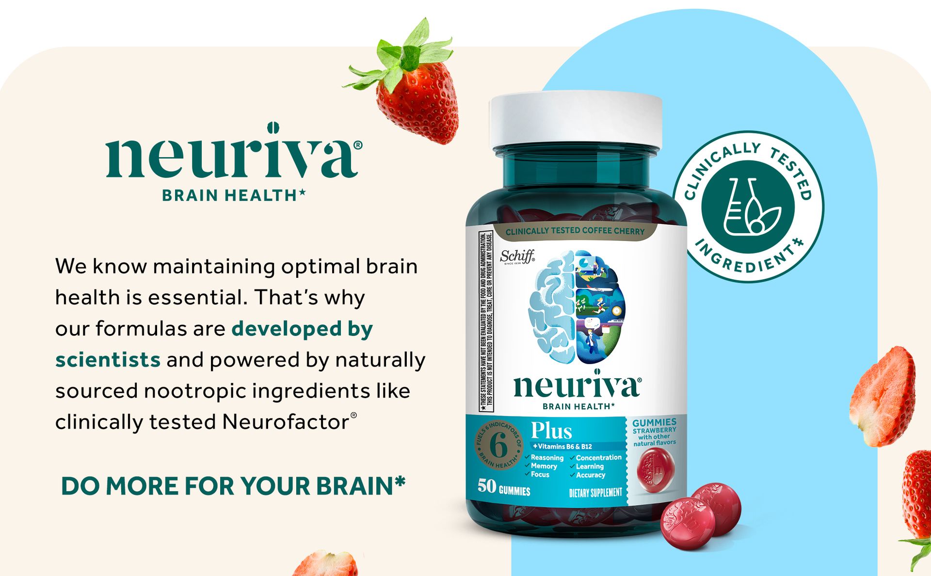 NEURIVA Plus Brain Supplements for Memory and Focus, Clinically Tested Nootropics Neurofactor and Phosphatidylserine with Vitamin B12, Vitamin B6, 50 Count Strawberry Gummies