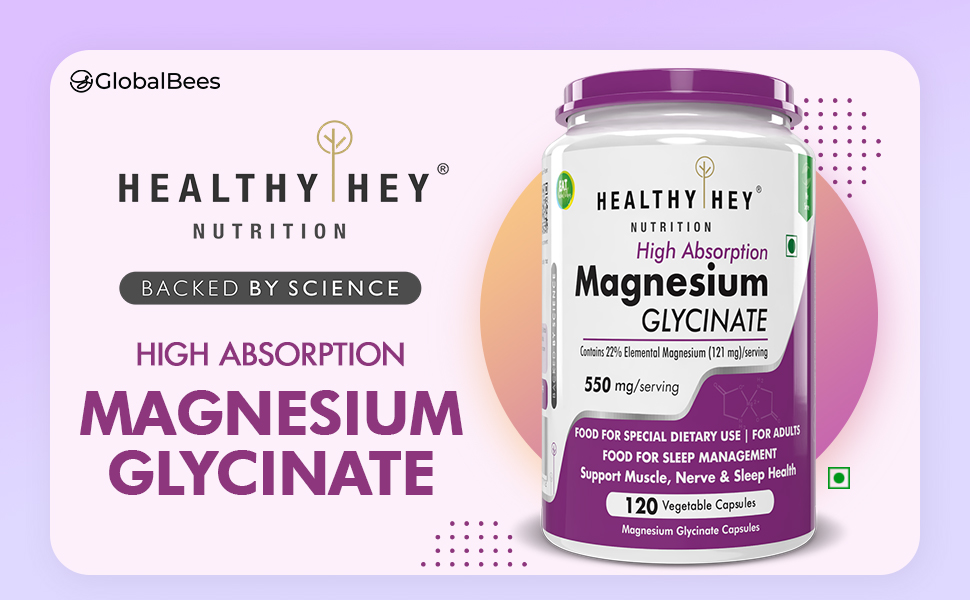 HealthyHey Nutrition Magnesium Glycinate Supplement High Absorption for Sleep, Cramps, & Nerves Health - 120 Vegetable Capsules