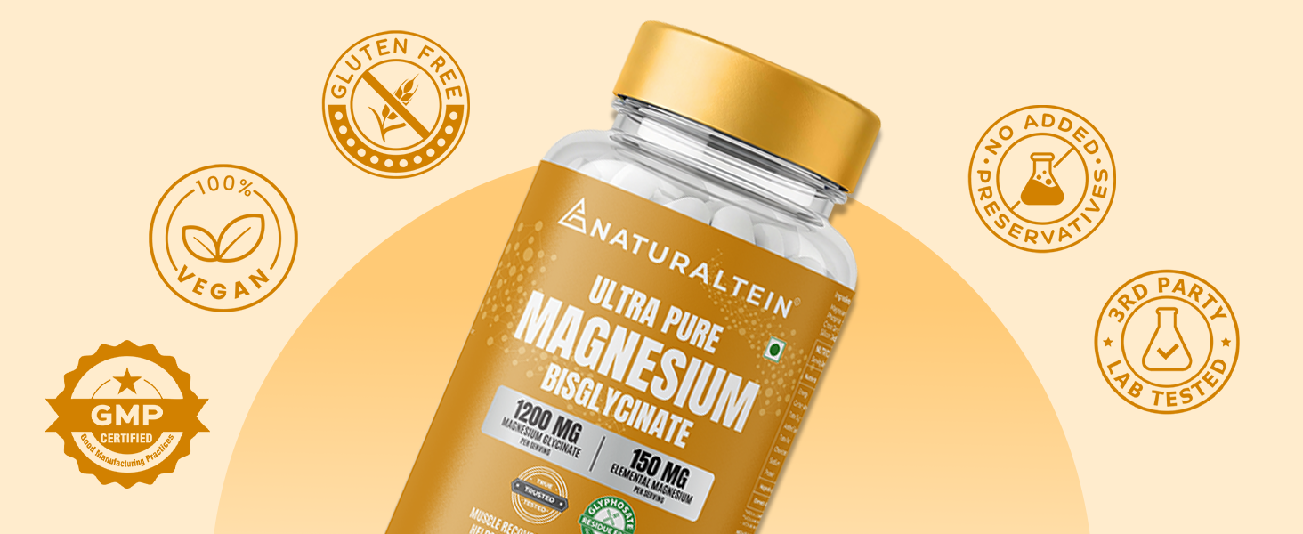 Naturaltein Magnesium Glycinate 1200mg (150mg Elemental) | Chelated High Absorption Magnesium Supports Sleep Quality & Muscle Relaxation | Glyphosate Tested | 60 Tablets