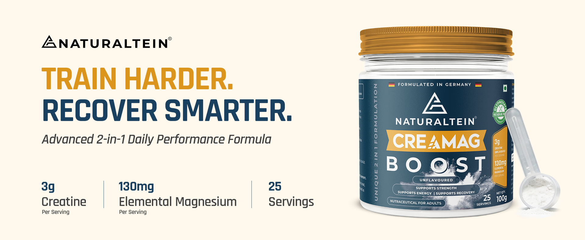 Naturaltein CreaMag Boost | India’s First Creatine + Magnesium Bisglycinate Formula | 3g Creatine Monohydrate & 130mg Elemental Magnesium Per Serving | Glyphosate Residue Free | Supports Strength, Energy & Recovery | Unflavoured | 100g (25 Servings)