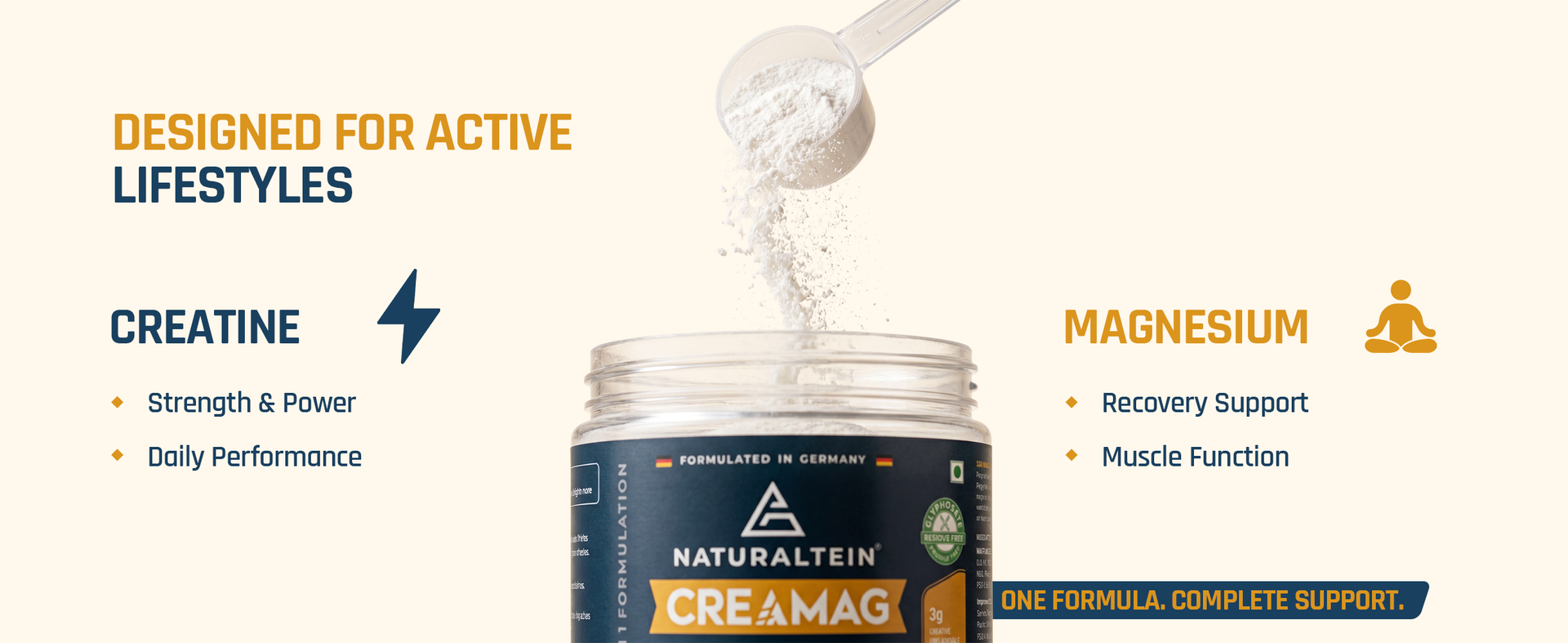 Naturaltein CreaMag Boost | India’s First Creatine + Magnesium Bisglycinate Formula | 3g Creatine Monohydrate & 130mg Elemental Magnesium Per Serving | Glyphosate Residue Free | Supports Strength, Energy & Recovery | Unflavoured | 100g (25 Servings)