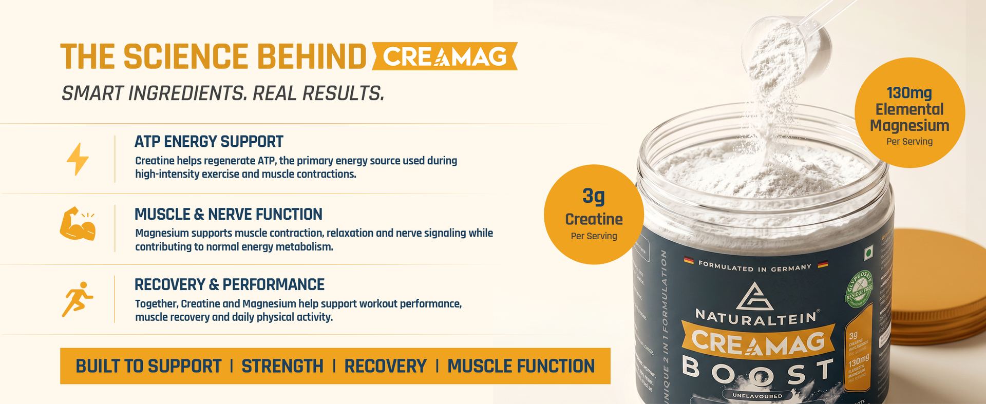 Naturaltein CreaMag Boost | India’s First Creatine + Magnesium Bisglycinate Formula | 3g Creatine Monohydrate & 130mg Elemental Magnesium Per Serving | Glyphosate Residue Free | Supports Strength, Energy & Recovery | Unflavoured | 100g (25 Servings)