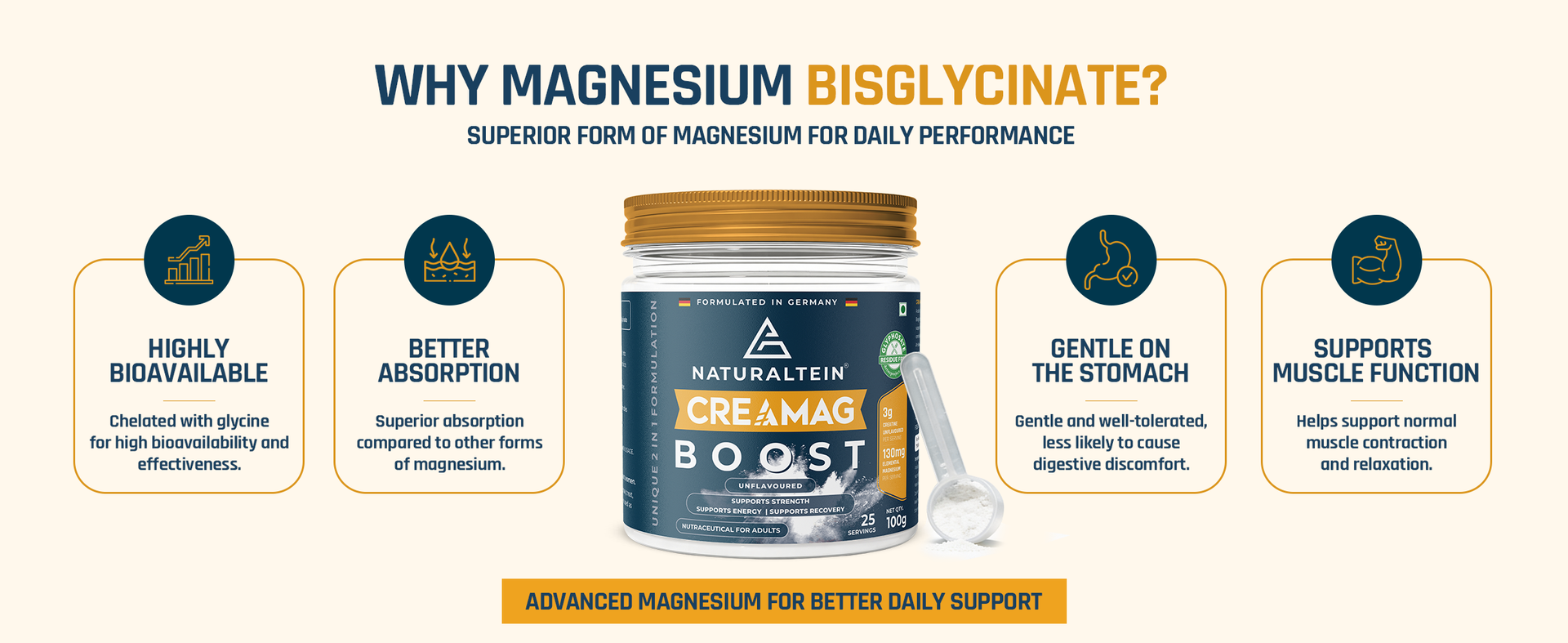 Naturaltein CreaMag Boost | India’s First Creatine + Magnesium Bisglycinate Formula | 3g Creatine Monohydrate & 130mg Elemental Magnesium Per Serving | Glyphosate Residue Free | Supports Strength, Energy & Recovery | Unflavoured | 100g (25 Servings)