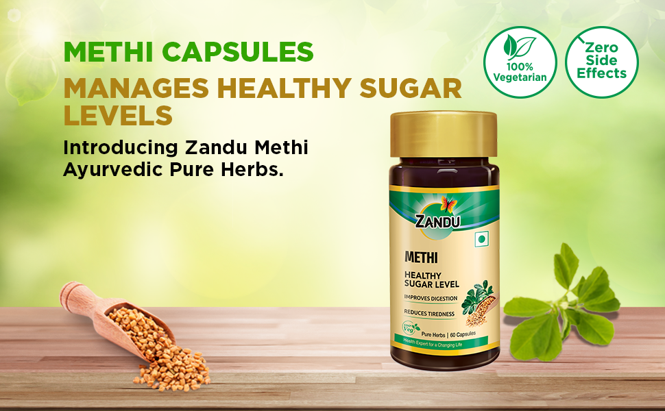 Zandu Methi Capsules (Fenugreek), Extracts of Methi known for High Content of Fibers and Antioxidants, Helps to Flush out Toxins from Body & Helps Maintain Healthy Sugar Levels - (60 Veg Capsules)