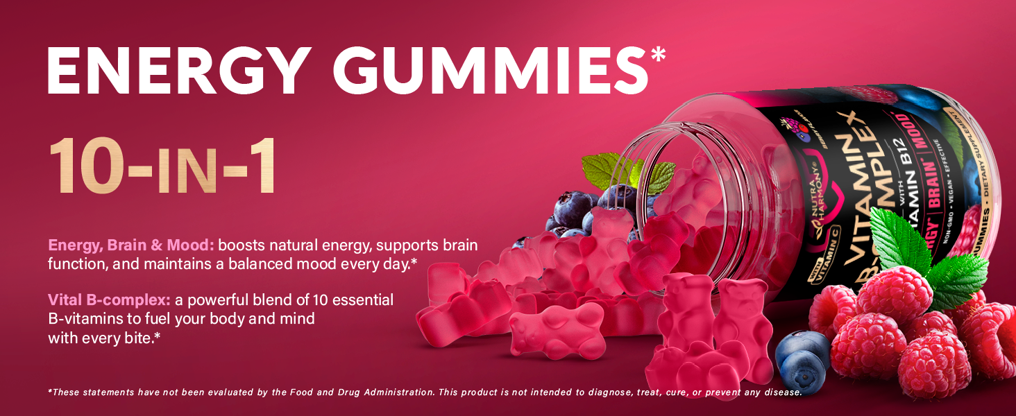 Vitamin B-Complex Gummies for Women & Men - Full B Complex & B12 - 60 Gummy
