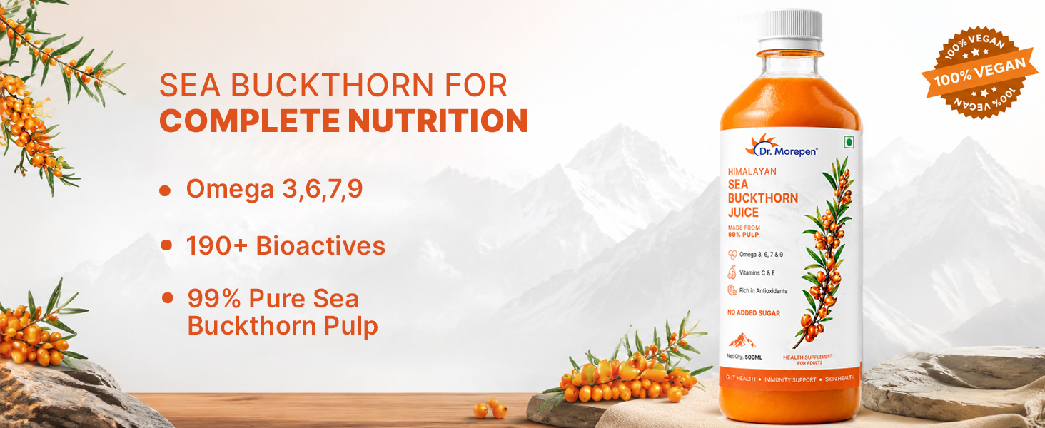 Dr. Morepen Himalayan Sea Buckthorn Juice 500ml | 99% Pulp | Natural Source of Vitamin C, Omega 3, 6, 7, 9 & Antioxidants | No Added Sugar | Supports Immunity, Skin Health & Gut Health | 100% Vegan