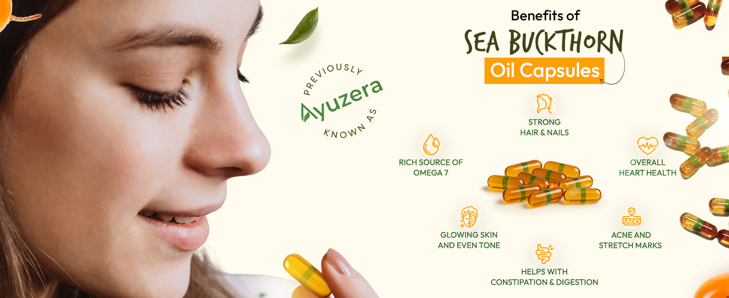 Wellwith by Ayuzera Sea Buckthorn Berry Oil Omega 7 500mg, 30 Veg HPMC Capsules, 15-Day Supply| Sea buckthorn Capsules rich In Omega 3, 6 & 9 help to keep the skin healthy| Dietary Supplements, 500mg Each
