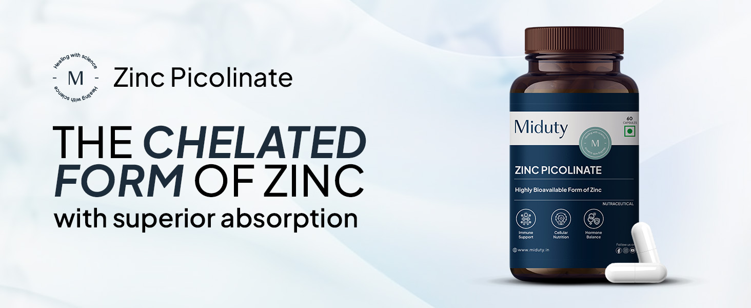 Miduty Zinc Picolinate 50 mg - High-Absorption Chelated Zinc Supplement - Immune Support, Skin & Hair Health - Supports overall wellness, Muscle Strength & Metabolism- For Men & Women - 60 Capsules