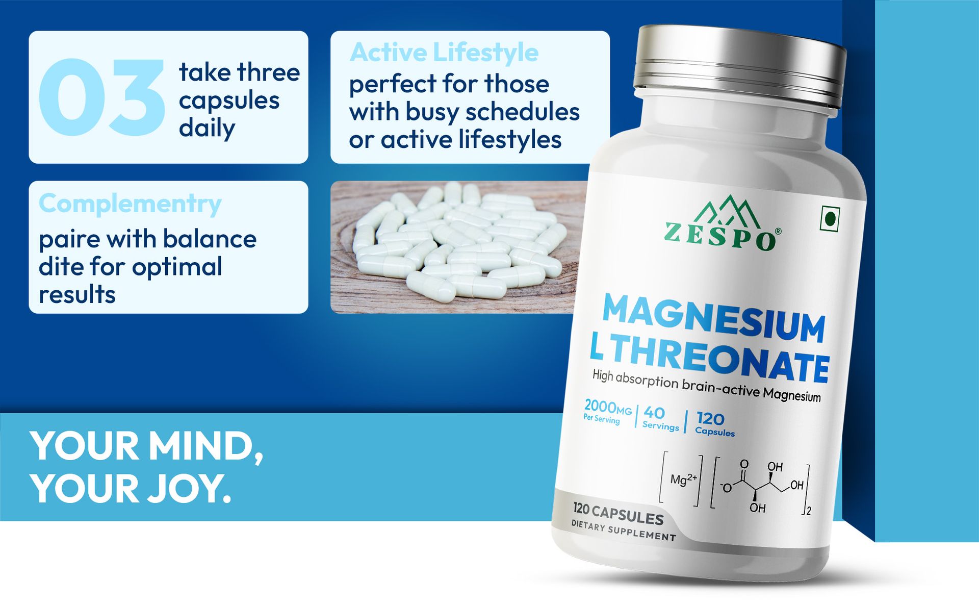 Zespo Magnesium L Threonate 2000mg Supplement, 120 Vegetarian Capsules