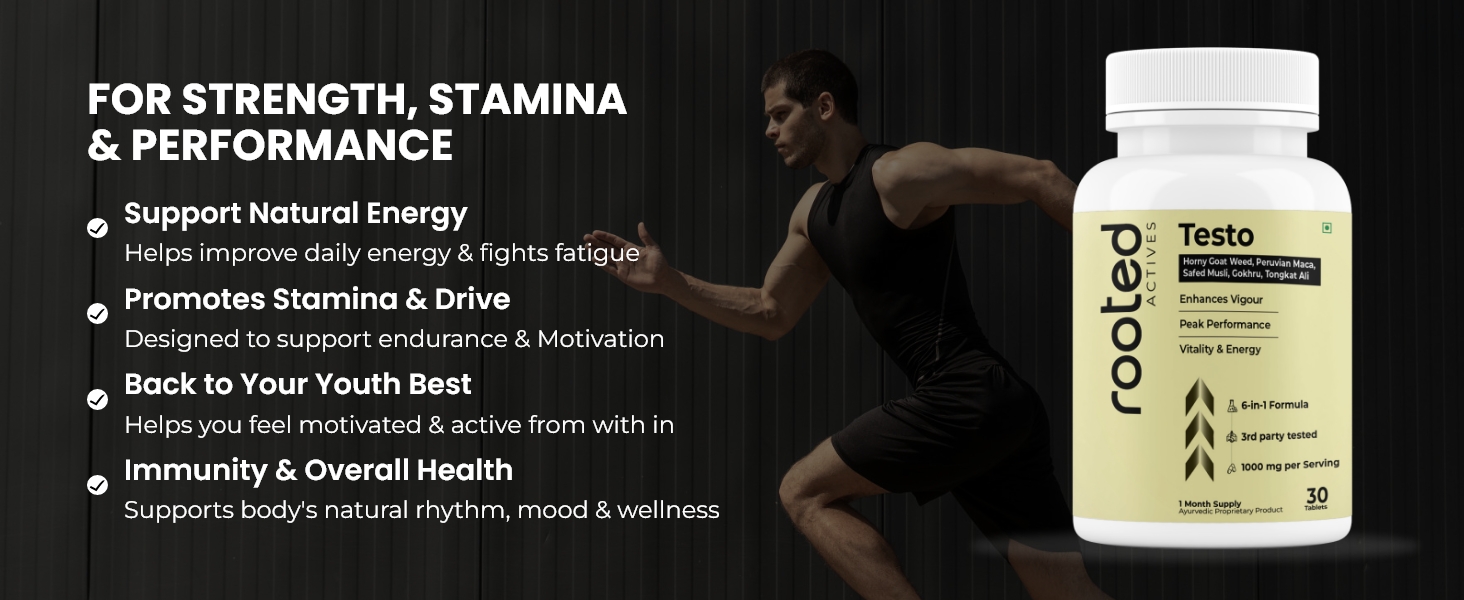 Rooted Actives Vitality Blend | Maca Root, Safed Musli, Horny Goat Weed for Energy, Stamina, Endurance & Performance | For Men & Women | High Potency | 30 Tablets
