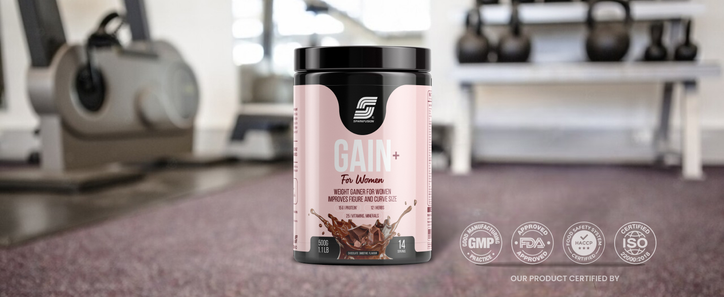 Sparkfusion Gain+ Women Weight Gainer | With Full Power 12 Herbs,Protein & Vitamins | For Improves Figure And Curve Size | Weight + Mass Gainer For Women Chocolate Smoothie flavour 500 gm