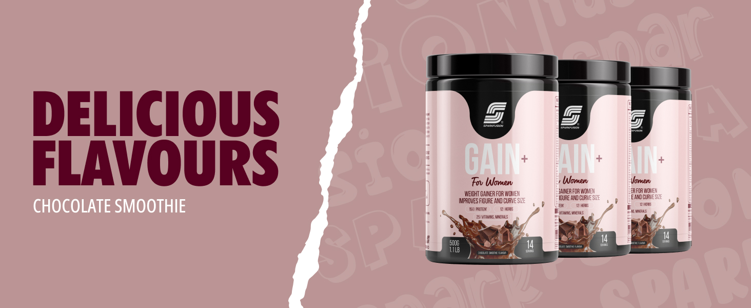 Sparkfusion Gain+ Women Weight Gainer | With Full Power 12 Herbs,Protein & Vitamins | For Improves Figure And Curve Size | Weight + Mass Gainer For Women Chocolate Smoothie flavour 500 gm