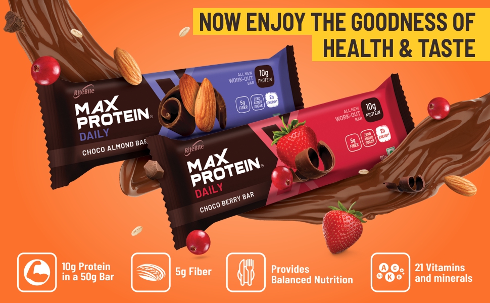 RiteBite Max Protein Daily Choco Classic 10g Protein Bars [Pack of 6] Protein Blend, Fiber, Vitamins & Minerals, No Preservatives, 100% Veg, For Energy, Fitness & Immunity - 300g