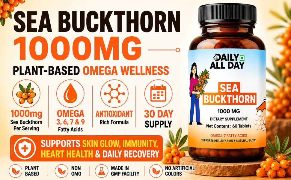 Sea Buckthorn 1000mg Himalayan Seabuckthorn Berry Extract Omega 7 3 6 9 Fatty Acids Antioxidant Supplement for Skin & Immunity 120 Veg Tablets (Pack of 2 — 60-Day Supply)