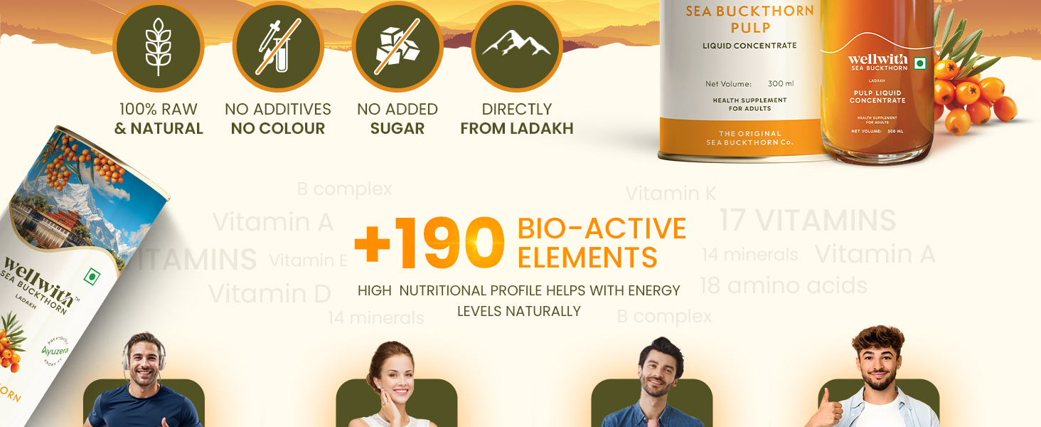 Wellwith by Ayuzera Himalayan Seabuckthorn Pulp Juice 300ml | Cold Pressed Daily Wellness Drink | Natural Vitamin C, Omegas & Antioxidants | For Immunity, Skin Radiance & Gut Wellness