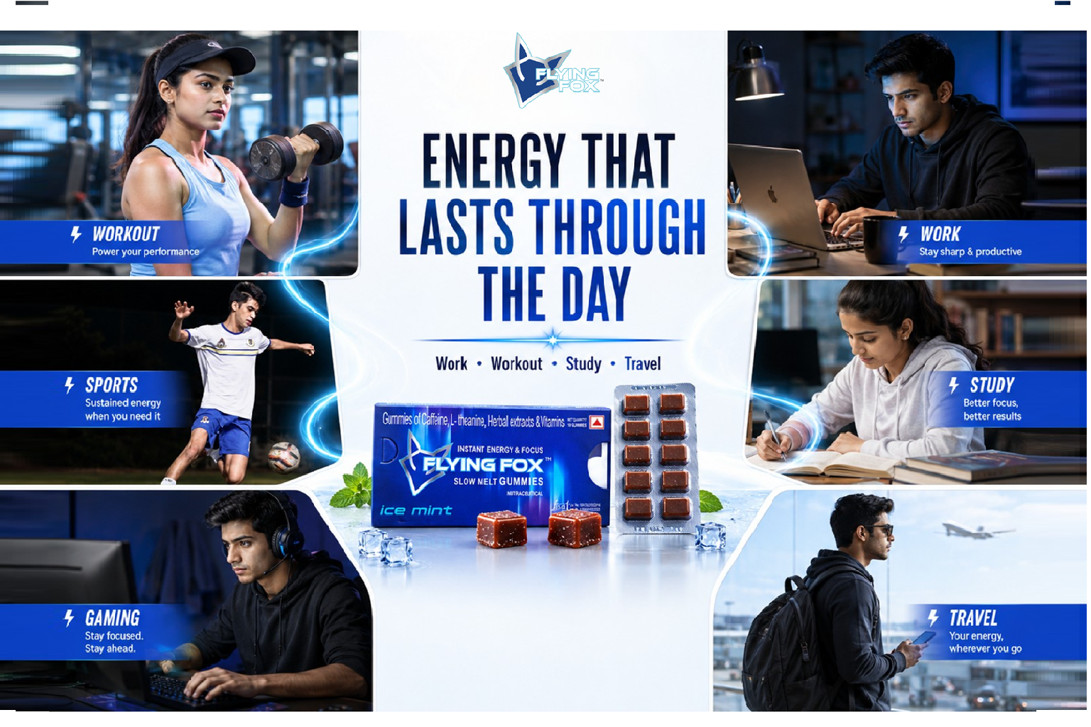 Flying Fox Slow Melt Energy Gummies | Quick Energy Boost & Enhanced Focus | Natural Caffeine+ L-Theanine, Ashwagandha, Amaranth, Galangal Vitamin B3,B6, B12 | Sugar Free| Ice Mint | 10 Gummies