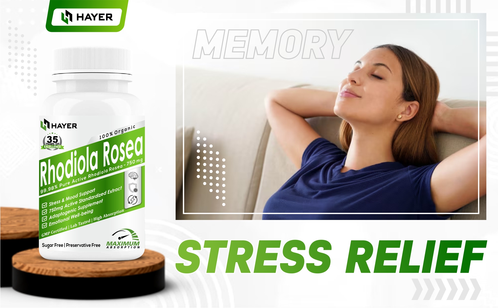 HAYER Rhodiola Rosea 750mg, High Potency Adaptogenic Herb Supplement For Brain, Mood & Stress Relief Support, Sugar Free, And No Fillers- 60 Vegetarian Tablets (Pack 1)