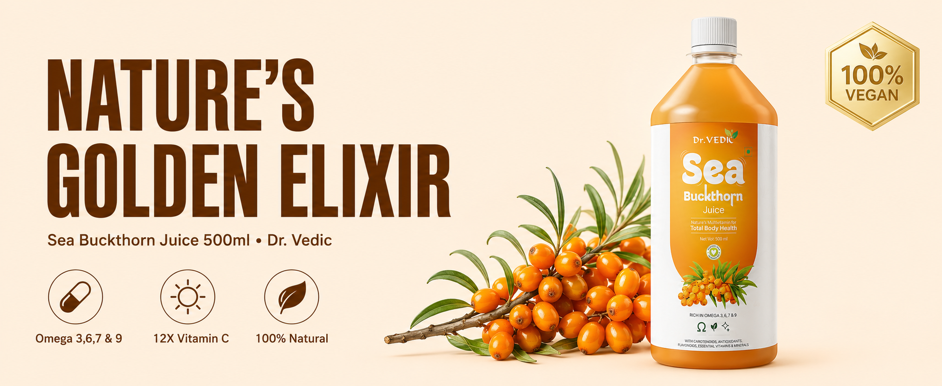 Dr Vedic Himalayan Sea Buckthorn Juice 500ml | Cold-Pressed Pulp Concentrate | Rich in Natural Vitamin C, Omega 3-6-7-9 & Antioxidants | Supports Immunity, Skin Radiance & Gut Health | Herbal Superfruit Supplement (Pack Of 2)