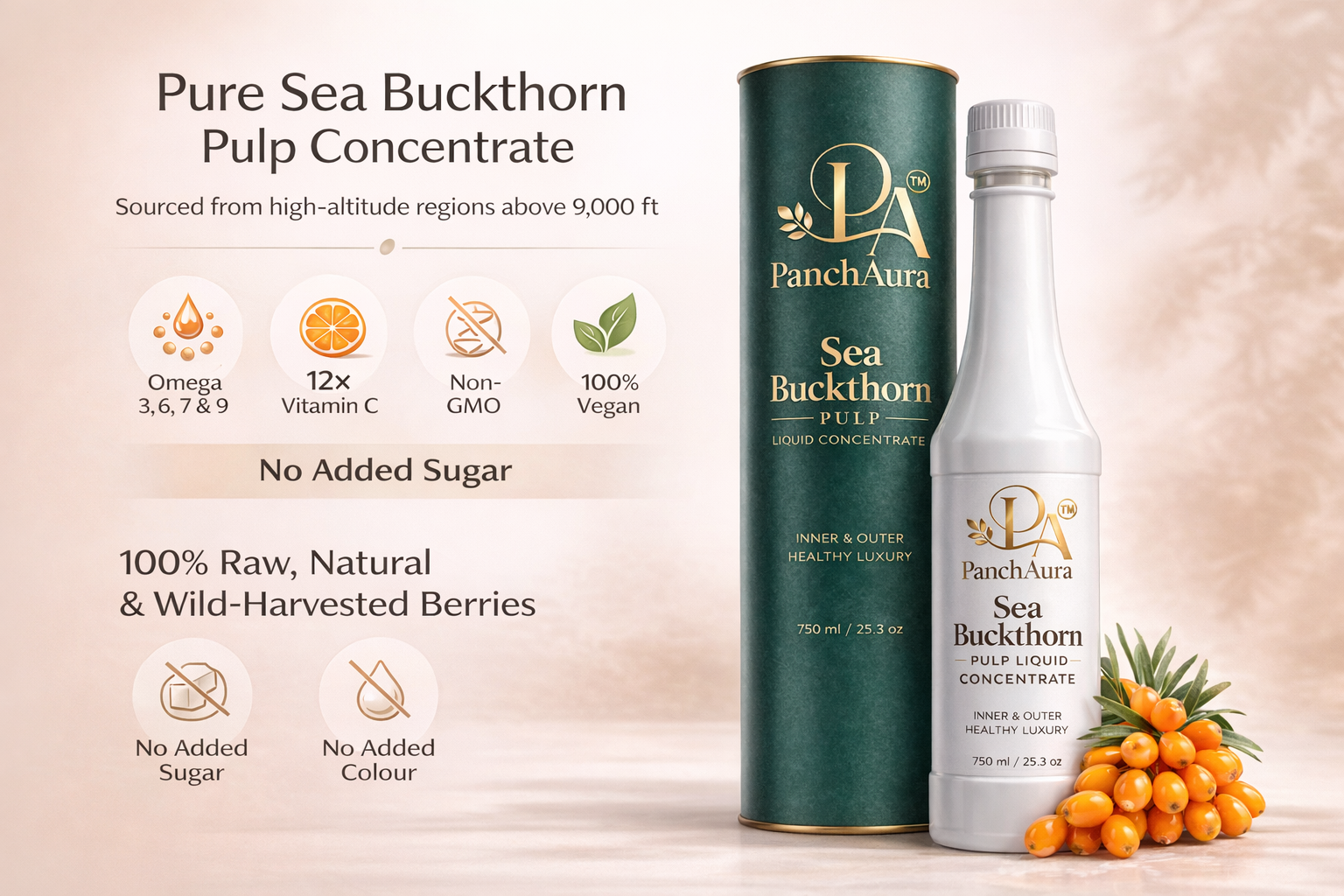 PanchAura Himalayan Sea Buckthorn Juice Pulp Concentrate 300 ML | Cold Pressed from Ladakh Berries | Natural Vitamin C, Omega 3-6-7-9 & Antioxidants | Supports Immunity, Skin Glow & Gut Health (300 ML, 1)