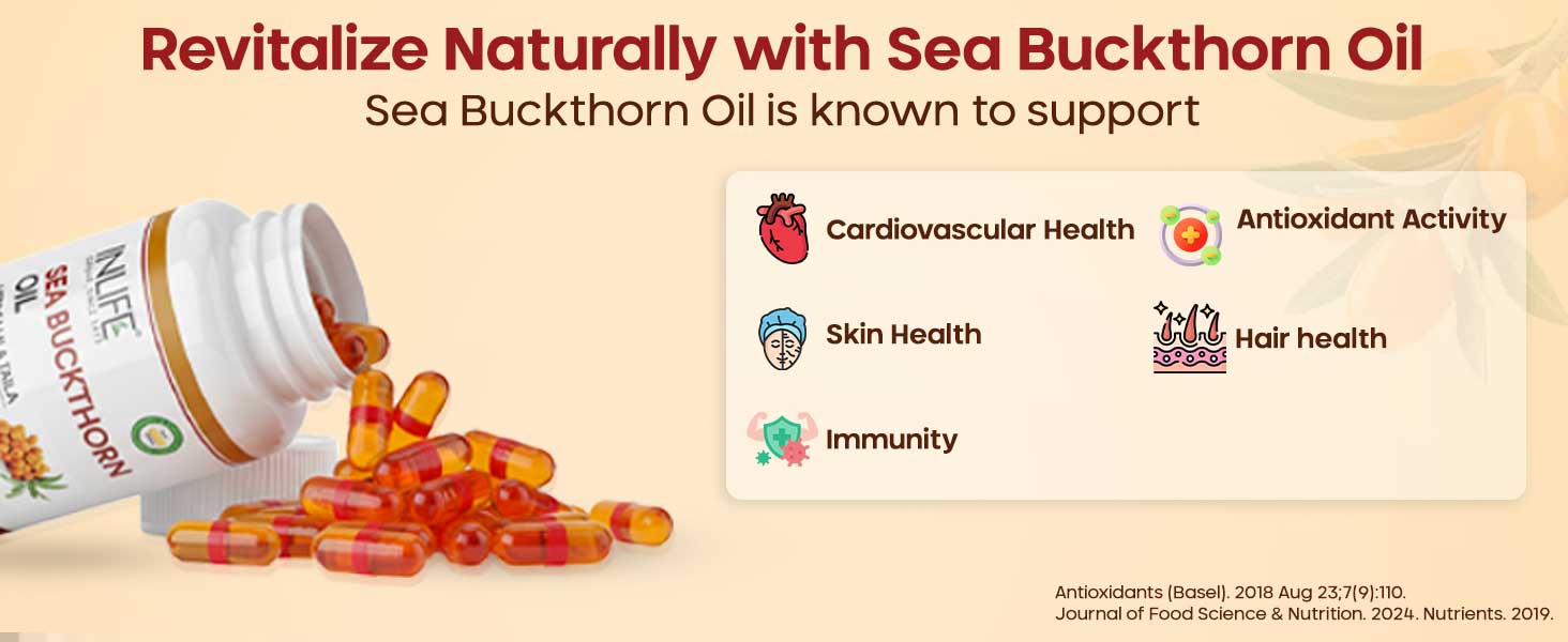 INLIFE Sea Buckthorn Oil Capsules 500mg, Omega 3 6 7 9, 30 Veg Capsules