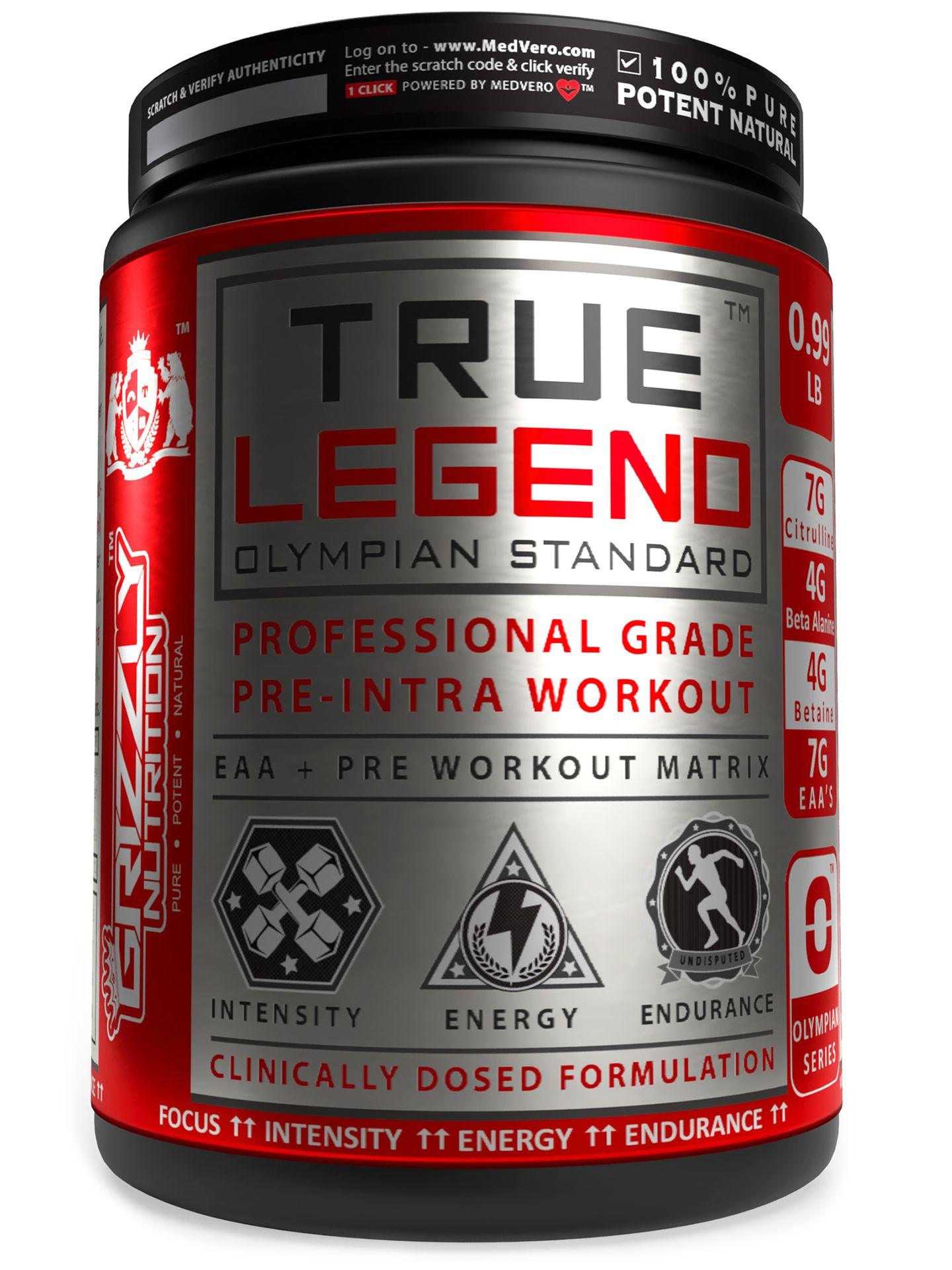 Grizzly Nutrition True Legend Olympian Grade Pre Workout Powder, Energy, Focus & Muscle Pump with L-Citrulline, Beta Alanine, Creatine, Caffeine, 450g+30g Energy Pack, Lime Mojito, Lab Researched