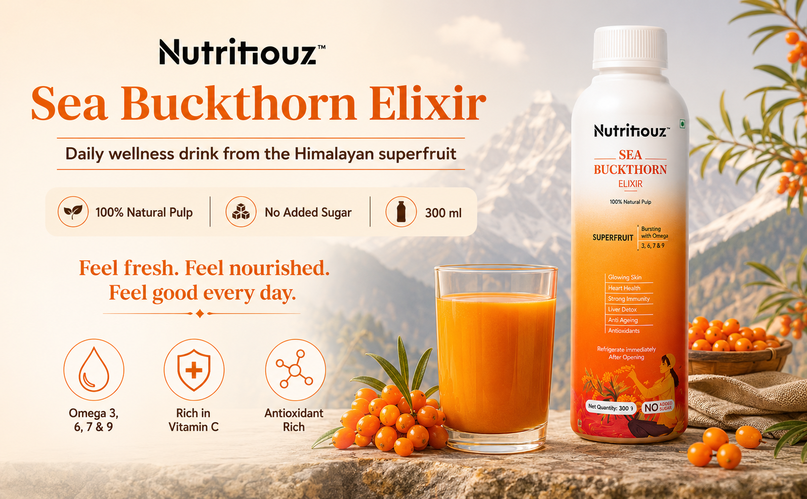 Himalayan Seabuckthorn Elixir (Juice) – 300 ml | Cold-Pressed Sea Buckthorn Pulp | Rich in Natural Vitamin C, Omegas 3, 6, 7 & 9 | Antioxidant-Rich Herbal Juice for Immunity, Heart Wellness, Skin Radiance & Digestive Health