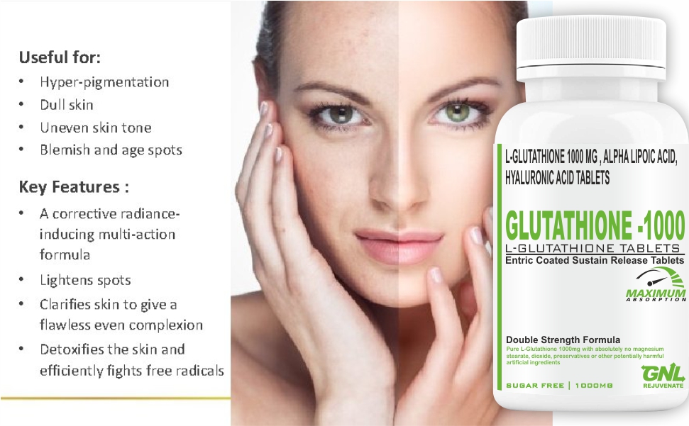 GNL Glutathione Tablets 1000mg For Skin, L Glutathione With Alpha Lipoic Acid, Hyaluronic Acid, Biotin, Vitamin C, B12, Grape Seed And Superfood Extracts -60 Tablet