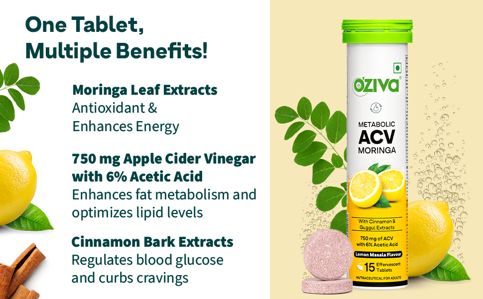 OZiva ACV Moringa Apple Cider Vinegar Tablets, Lemon Masala, Pack of 2