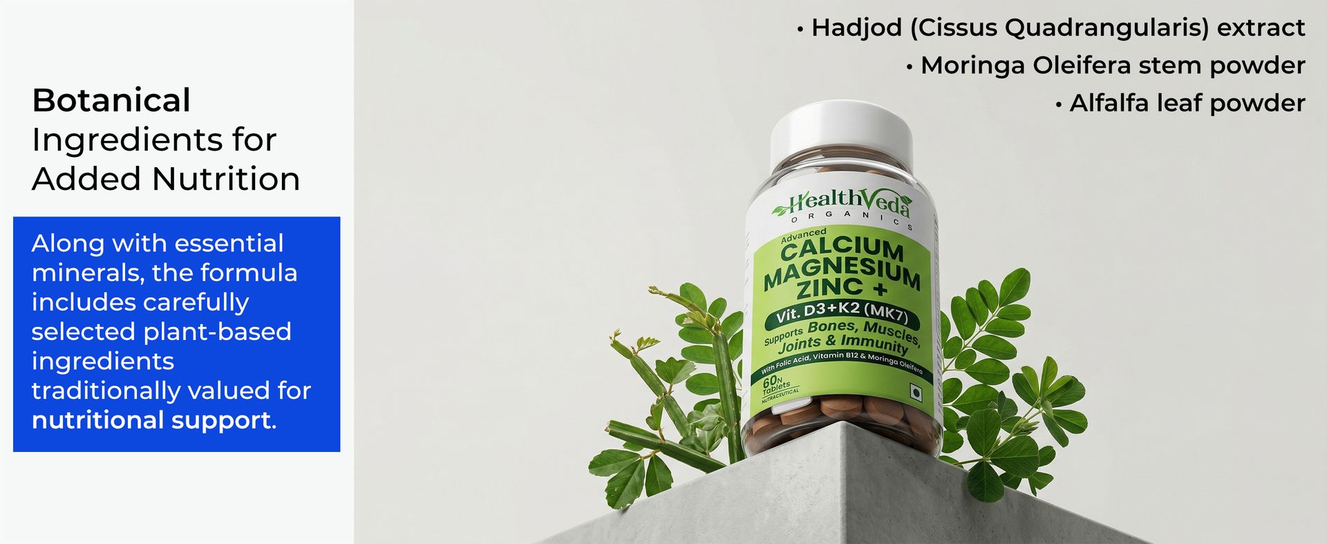 Health Veda Organics Calcium Magnesium Zinc with Vitamin D3, K2 MK7 & B12 | With Cissus Quadrangularis | Supports Strong Bones & Joint Health | 1000mg | 60 Veg Tablets | For Men & Women
