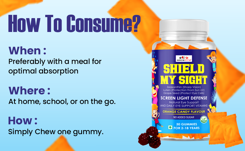 Growfitz Eye Defense Gummies with Lutein & Zeaxanthin | Reduces Digital Strain | Orange Flavor 30 Gummies | Eye Vision Support Supplement for Kids, Men & Women | Natural Ingredients, Multivitamins