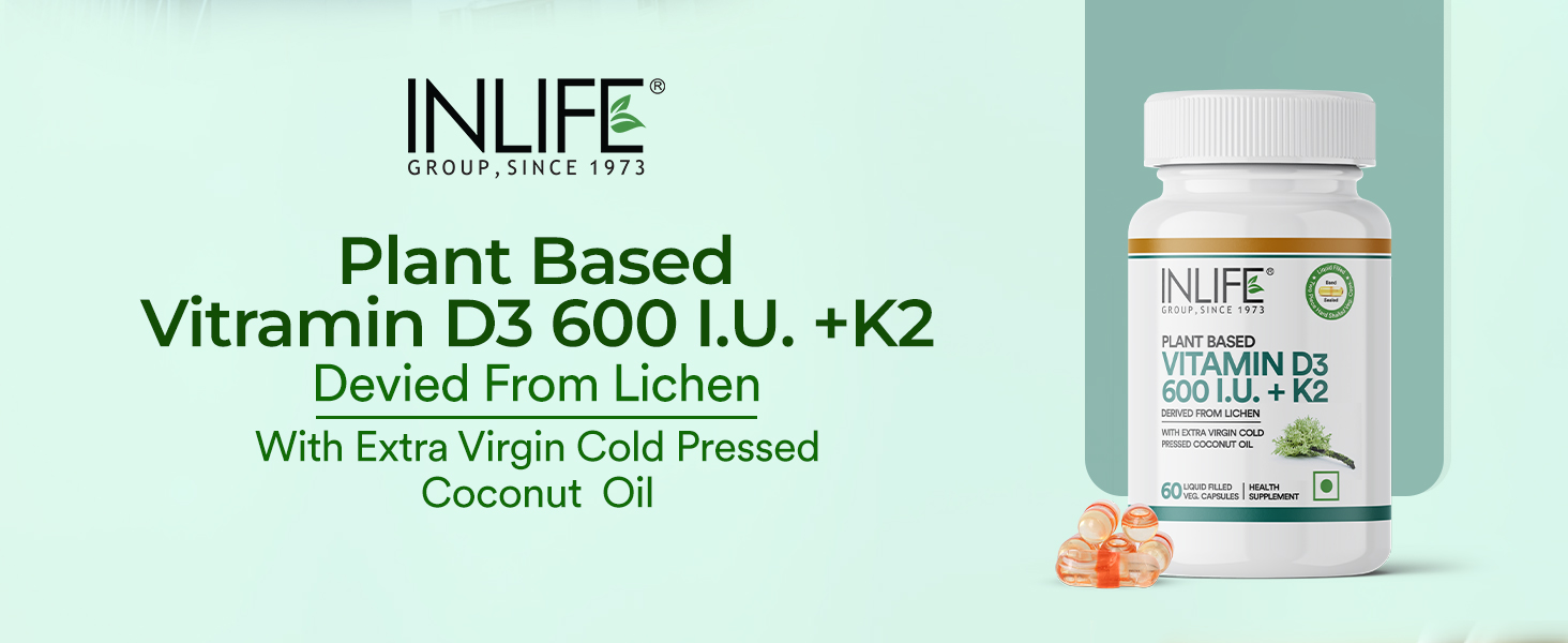 INLIFE Vitamin D3 600 IU K2 MK7 55mcg, Plant Based Lichen, 60 Veg Capsules