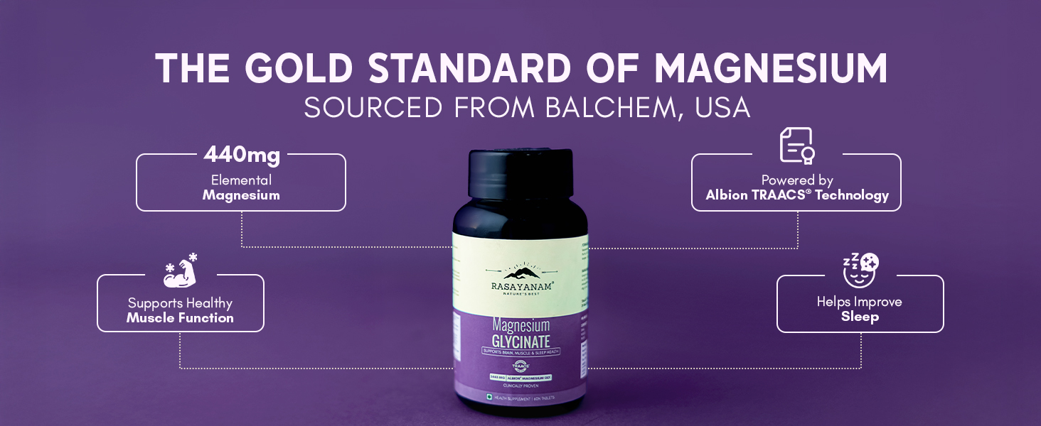 Rasayanam Chelated Magnesium Glycinate (2445 mg) - 60 Tablets | 440 mg Elemental Magnesium | High Absorption Magnesium Supplement | Supports Sleep, Relaxation & Muscle Recovery | Patented TRAACS®