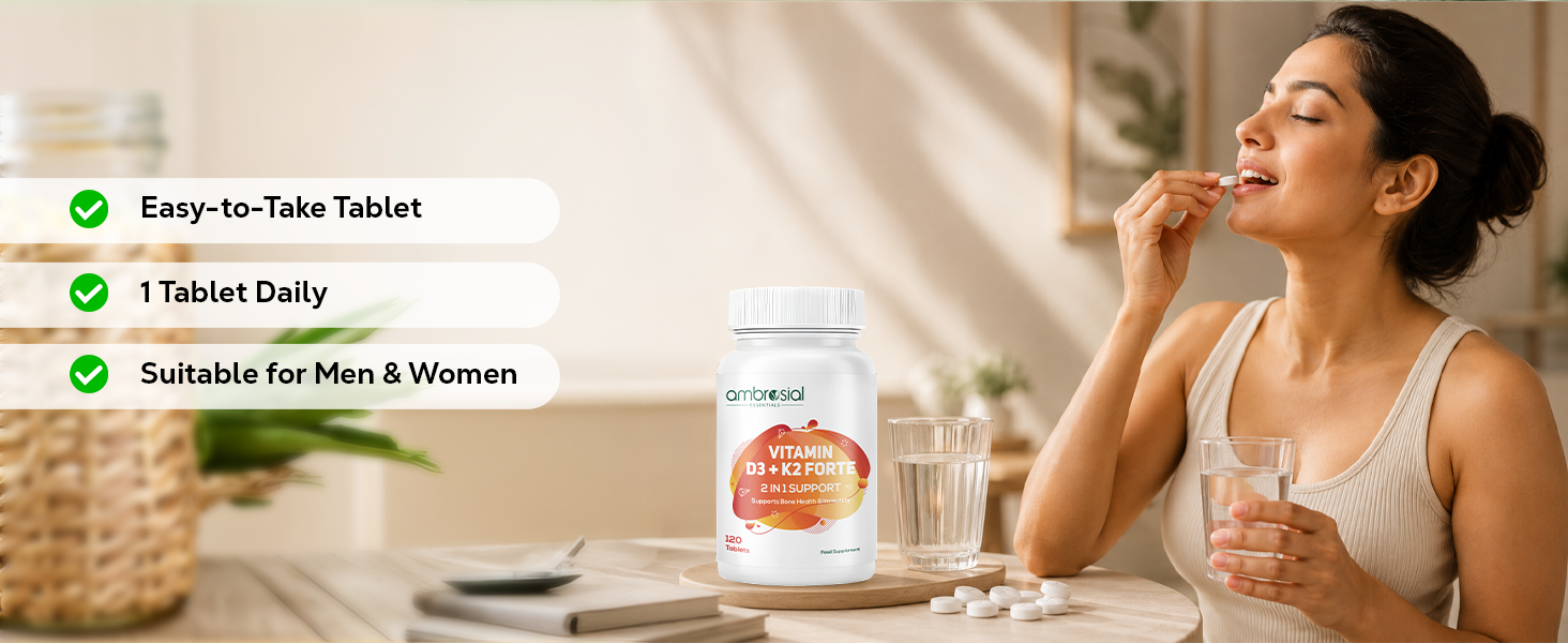 Ambrosial Vitamin D3 K2 Forte 120 Tablets | Vitamin D 3 k 2 Supplement for Bone, Heart & Immune Health Vitamin D3 (600 IU) with MK-7 Vitamin K2 | Plant-Based High Absorption Daily supplements